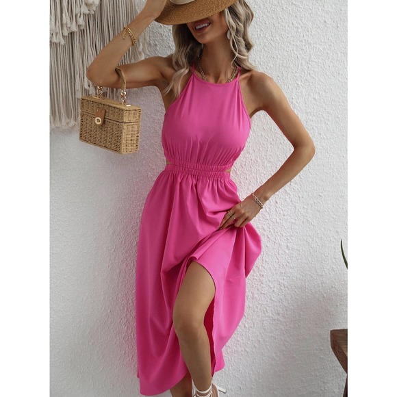 Halter Neck Cut Out Back backless midi Dress boho hot pink - Picture 5 of 7